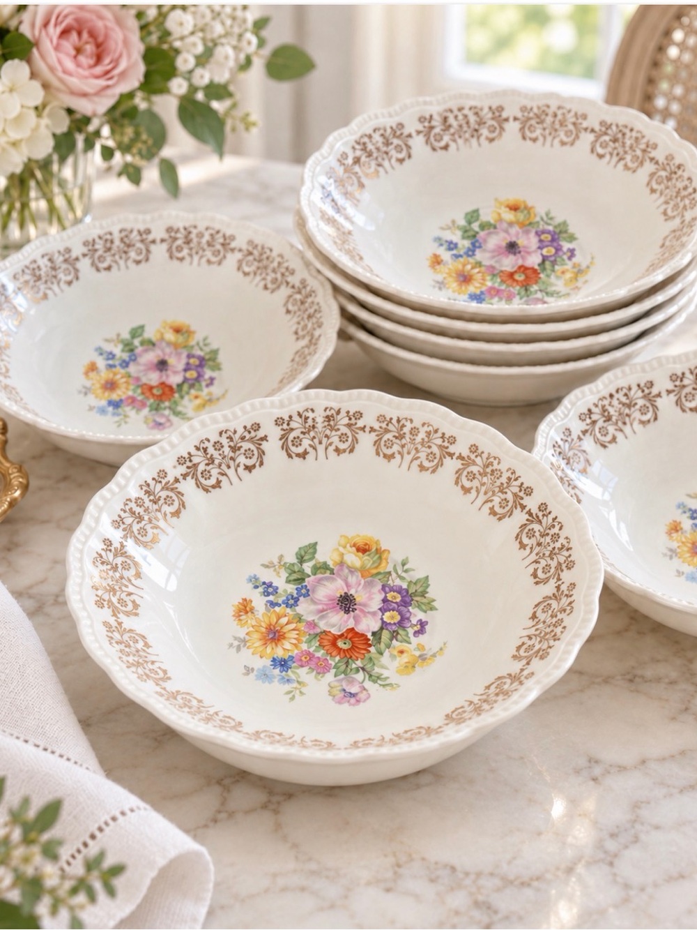 Vintage Du Barry 22K Gold-trim Floral Berry Bowls Set of 10